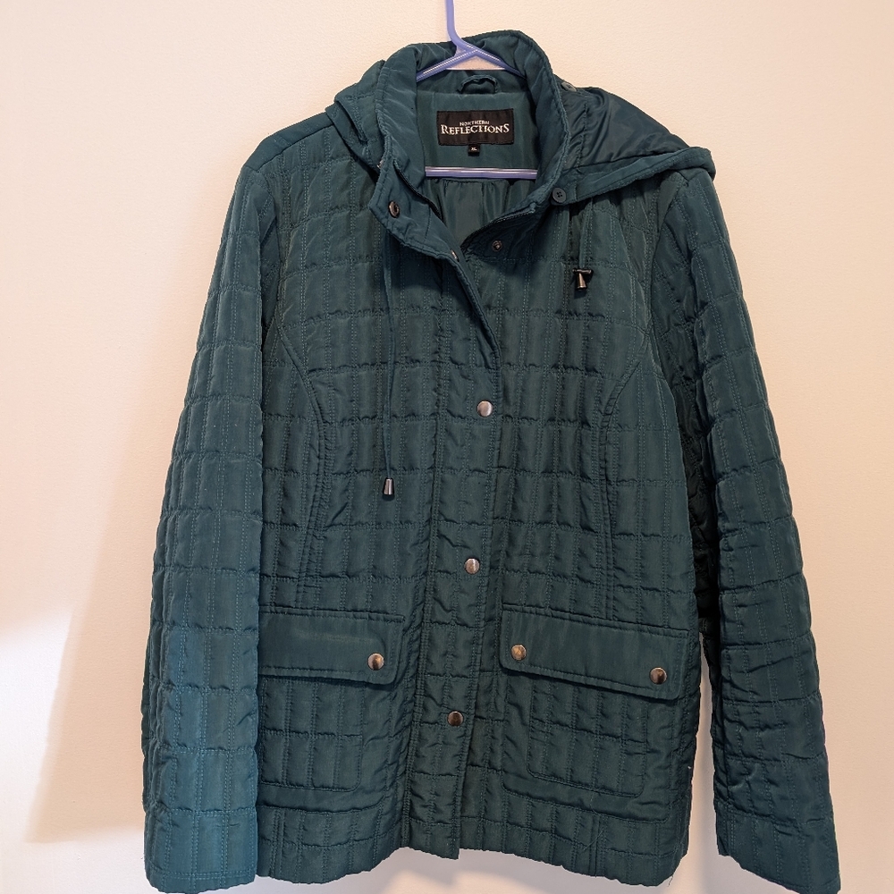 Northern Reflections Green Quilted Puffer Jacket Size XL Removable Hood, Pockets